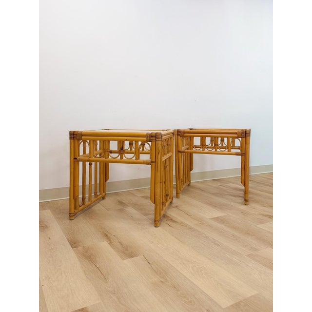 Hollywood Regency Vintage Rattan End Table Pair Arched Inlay Glass Top Coastal Boho MCM For Sale - Image 3 of 10