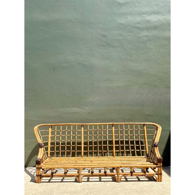 Vintage Woven Grid Rattan High Back Sofa For Sale - Image 12 of 13