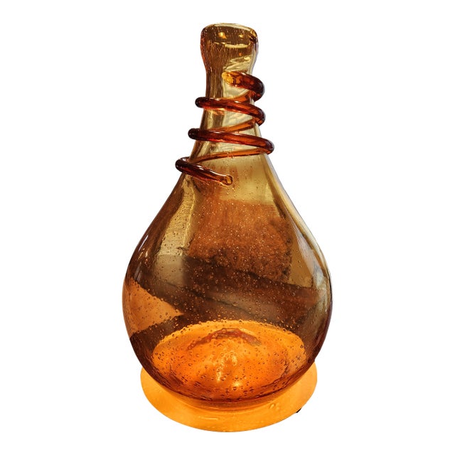 15" Murano Amber Bullicante Vase – Hand-Blown Art Glass W/ Applied Snake Coil, For Sale
