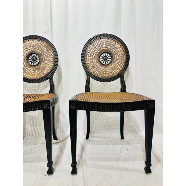 Pair of Mid 20th Century Italian Neoclassical Style Walnut & Cane Chairs With Medallion Backs For Sale In Raleigh - Image 6 of 7