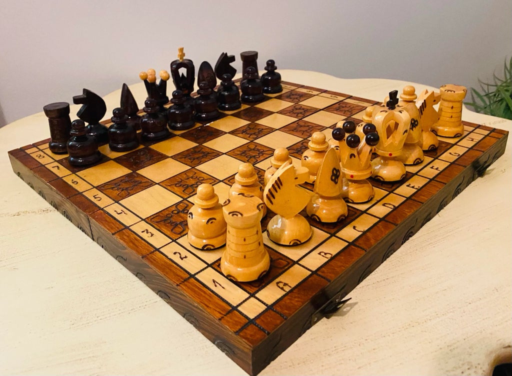 thumbnail image 2 of Large Handmade Wooden Chess Set - 21" Hand-Carved Board & Pieces - Vintage Ambassador Theme, Poland 2 of 4