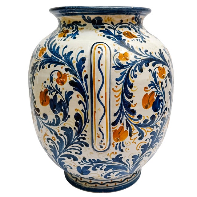Vintage Italian Majolica Ceramic Vase With Heraldic Crest & Floral Scrollwork For Sale - Image 4 of 6