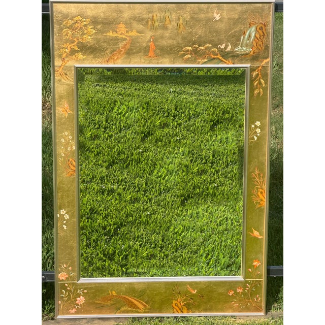 Gold 1977 LaBarge Chinoiserie Beveled Hand Painted Églomisé Signed Mirror For Sale - Image 8 of 13