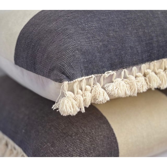 Grey and Ivory Fringed Pillow Covers With Inserts-a Pair For Sale - Image 4 of 7