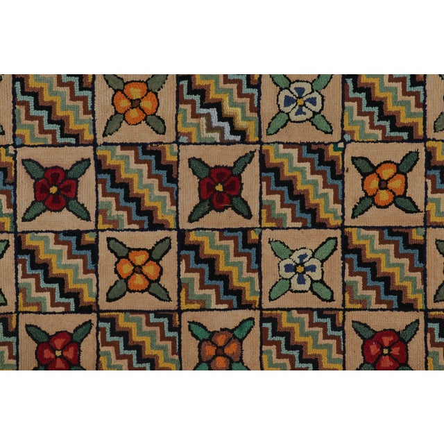 1920s Antique Hooked Runner in Brown With Floral Patterns & Chevrons | Rug & Kilim For Sale - Image 5 of 7
