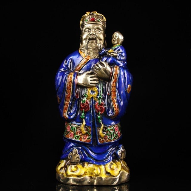 Metal Late 19th Century Set of 3 Gilt Bronze and Enamel Fu Lu Shou Statues, 1.8kg Each For Sale - Image 7 of 9