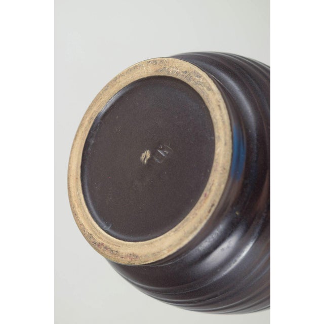 Ceramic Vase with Dark Brown Glaze and Grooved Texture from Bo Fajans, Sweden, 1940s For Sale - Image 4 of 5