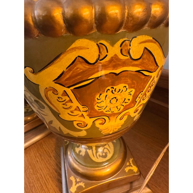 Pair of Vintage Italian Ochre Glazed Ceramic Ram’s Head Urn Table Lamps For Sale - Image 4 of 9