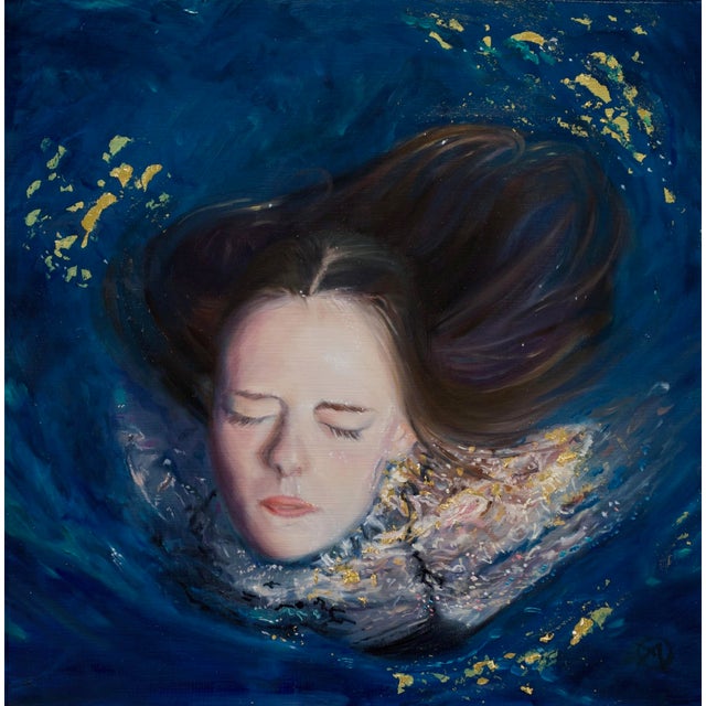 Golden Ocean Reflection - Rise by Alexandra Telgmann | Oil and Goldleaf Painting of a woman underwater For Sale