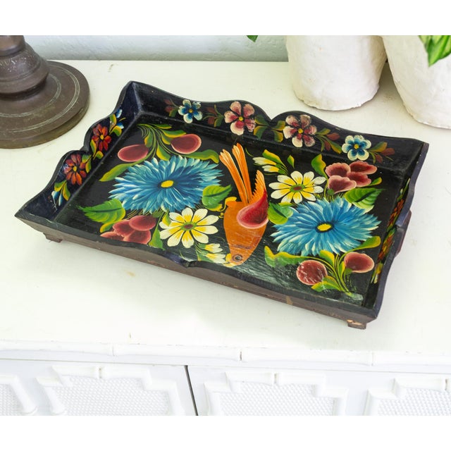 1930s Hand Painted Mexican Folk Art Tray With Polychrome Flowers and Bird For Sale - Image 10 of 16
