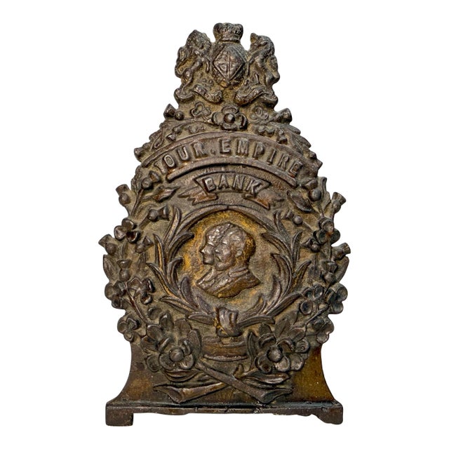 Rare Antique King George v & Queen Mary Our Empire Coronation Cast Iron Bank For Sale