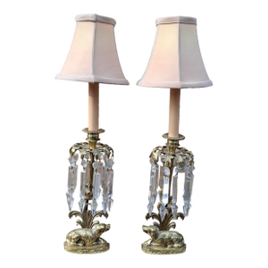Early 20th Century Pair of French Girandoles Buffet Lamps With Crystals and Brass Dog Figure