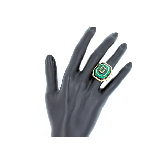 Green Tourmaline Malachite Green Black Enamel 18k Yellow Gold Enamel Unique Ring, Size 6.25 For Sale - Image 11 of 13