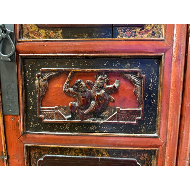 Red Early 20th Century Chinese Red-Lacquer Carved Wood Armoire With Hand painted Panels For Sale - Image 8 of 12