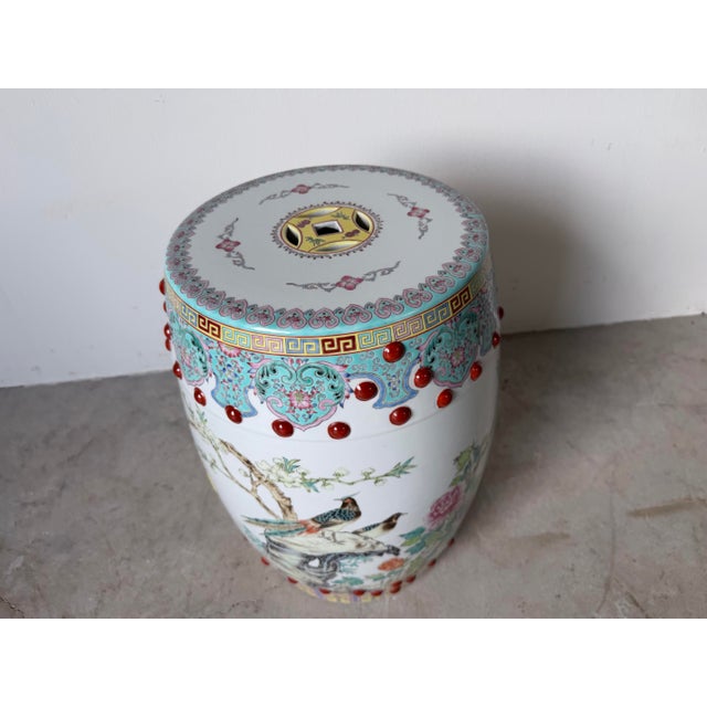 Vintage Chinese Famille Rose-Style Hand-Painted Porcelain Garden Stool With Pierced Cash-Coin Motifs For Sale - Image 10 of 12