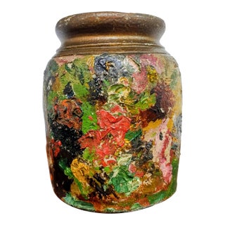Antique Stoneware Canister With Abstract Expressionist Painted Details For Sale