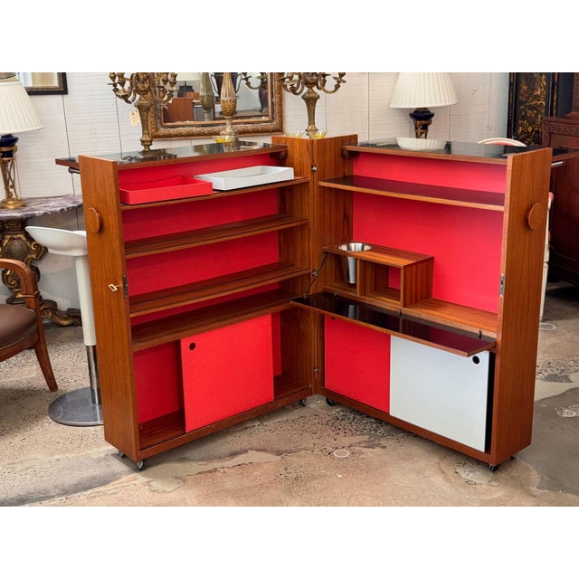 Mid-Century Modern Mid Century Modern Teak Folding Bar With Red Interior For Sale - Image 3 of 14