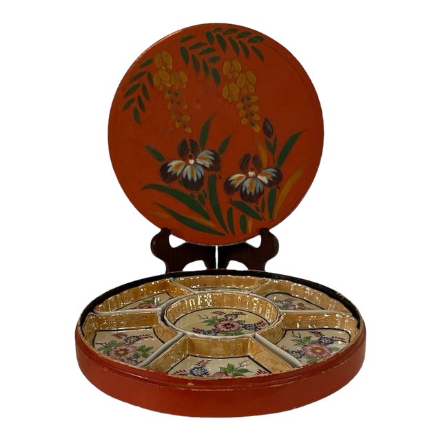 Vintage 7 Piece Japan Hand Painted Pre-War Japanese Hand-Painted Porcelain Condiment / Sushi Tray With Original Hand-Painted Wooden Box For Sale