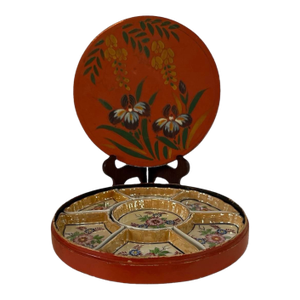 Vintage 7 Piece Japan Hand Painted Pre-War Japanese Hand-Painted Porcelain Condiment / Sushi Tray With Original Hand-Painted Wooden Box