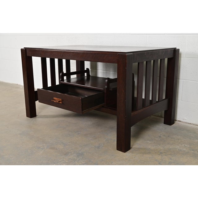 Limbert Style Antique Mission Oak Arts & Crafts Desk or Library Table, Circa 1910 For Sale In South Bend - Image 6 of 14