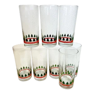 1990s Vintage Americana Christmas Tree and Snowflakes Tumblers - Set of 8.