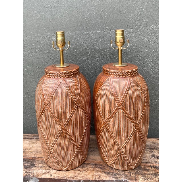 Vintage Textured Ceramic Lamps - A Pair For Sale - Image 11 of 12