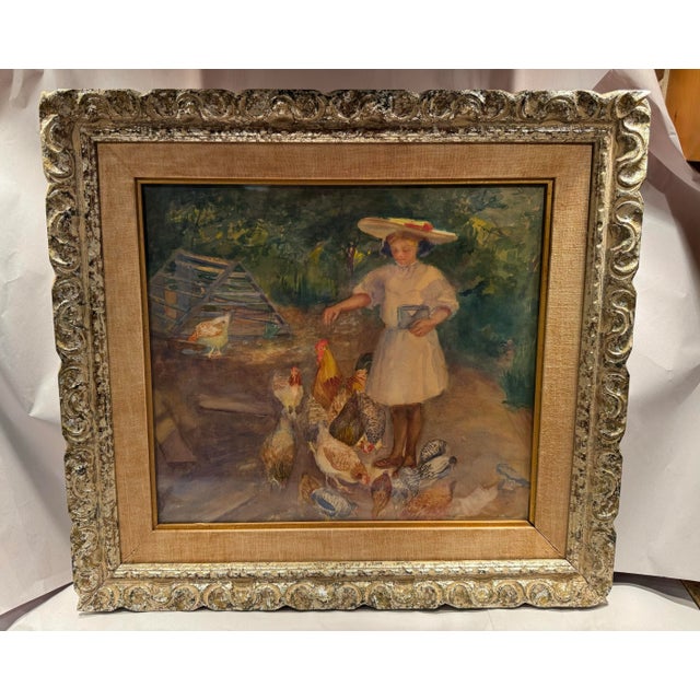 19th Century French Impressionist Watercolor Painting of a Girl With Chickens For Sale In Los Angeles - Image 6 of 10