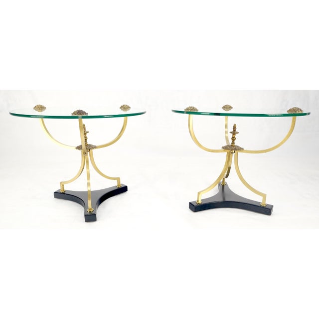 Pair of 22" Round Glass Top Brass Bases End Side Center Tables Stands