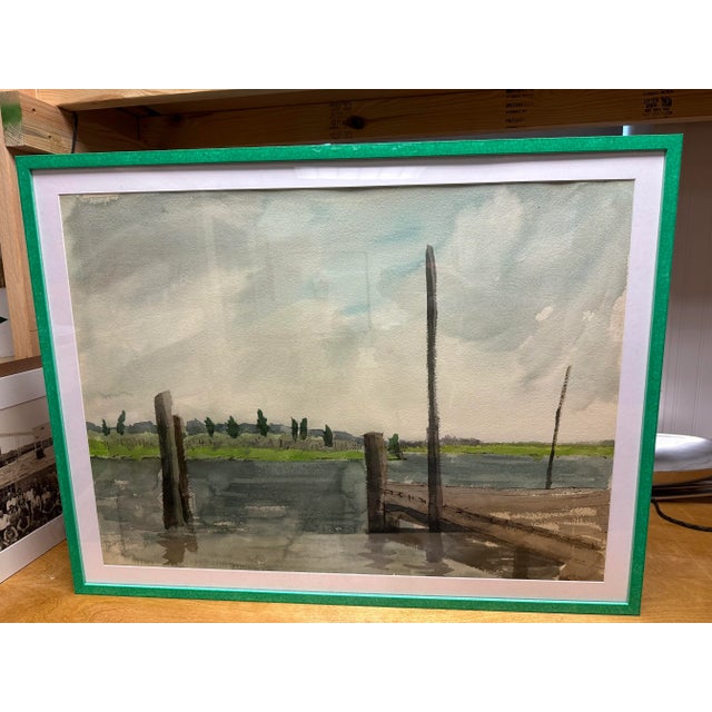 Paper Large Coastal Vintage Watercolor Painting of a Pier Waterfront Landscape "End of the Pier", Newly Framed For Sale - Image 7 of 9