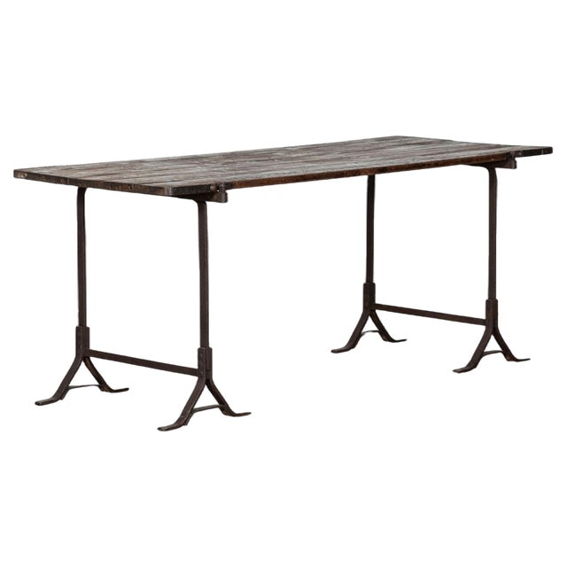 19th Century Iron & Pine Trestle Table, 1890s For Sale