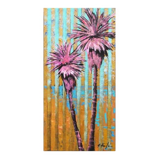 Lollipop Palms - Original Modern Artwork With Turquoise and Gold Stripes on Canvas by Kathleen Keifer For Sale