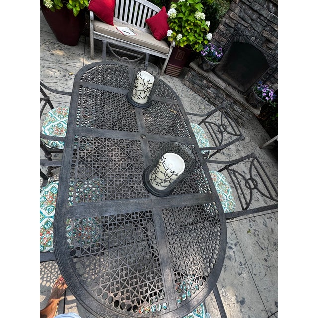Neoclassical Vintage Cast Aluminum 7-Piece Outdoor Dining Set, Table & 6 Chairs For Sale - Image 3 of 10