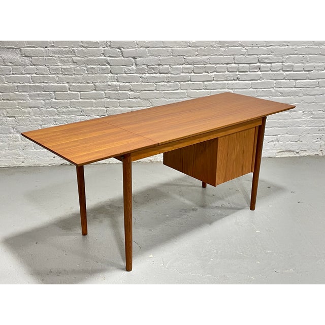 Mid Century Modern Teak Double Sided Desk | Expandable Danish Drop Leaf Desk, 1960's For Sale - Image 12 of 16