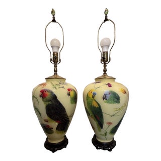 1960s Glass Decoupage Parrot and Flower Lamps and Lamp Work Finials - a Pair For Sale