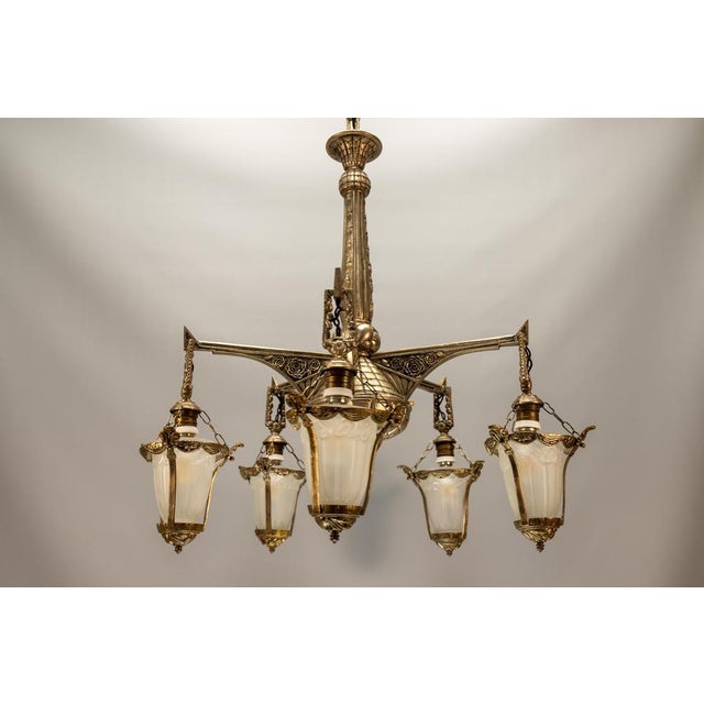 Art Deco Bronze and Frosted White Glass Five-Light Chandelier, France, 1925 For Sale - Image 15 of 18