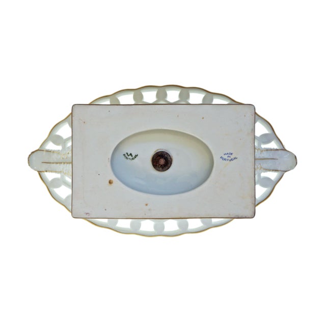 Transitional Corbeille Reticulated Compote 14" W XL Vista Alegre Gold Accents White Porcelain Vintage Pedestal Bowl For Sale - Image 3 of 3