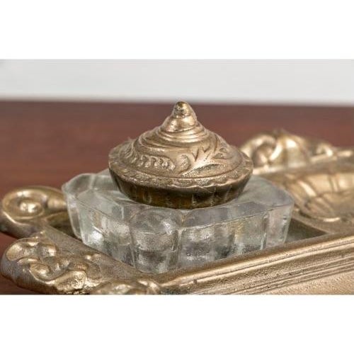 Rococo Vintage Rococò Style Brass and Crystal Double Inkwells and Stand For Sale - Image 3 of 10