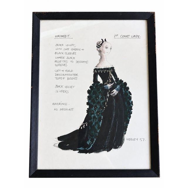 A coordinated set of three high-quality prints depicting theatrical costume designs: a court lady from Hamlet, a king in...