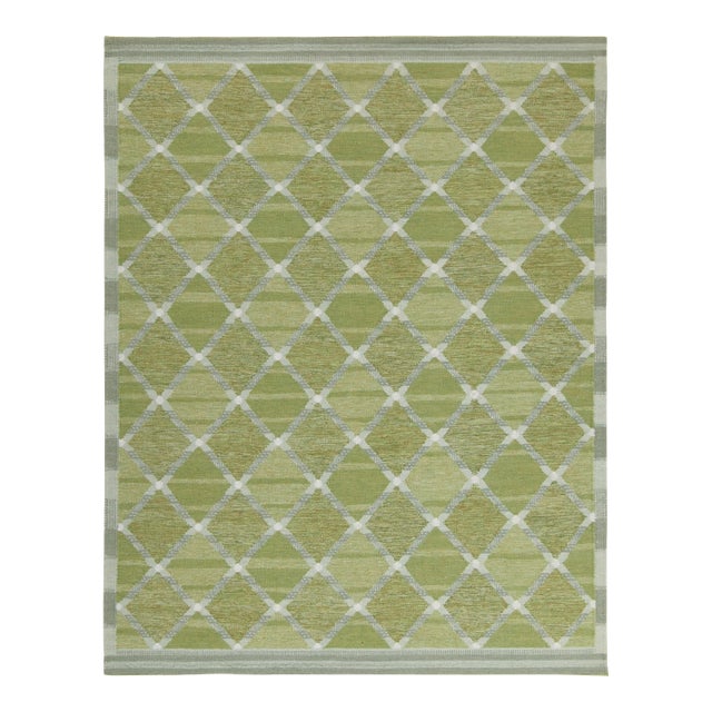 Rug & Kilim’s Scandinavian Style Custom Kilim in Green and Gray Lattice Pattern - 3x12 For Sale
