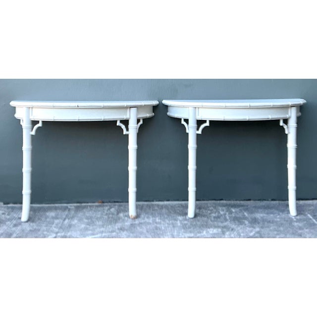 Wood Vintage Faux Bamboo Wall Mount Demilune Console Tables - A Pair For Sale - Image 7 of 12