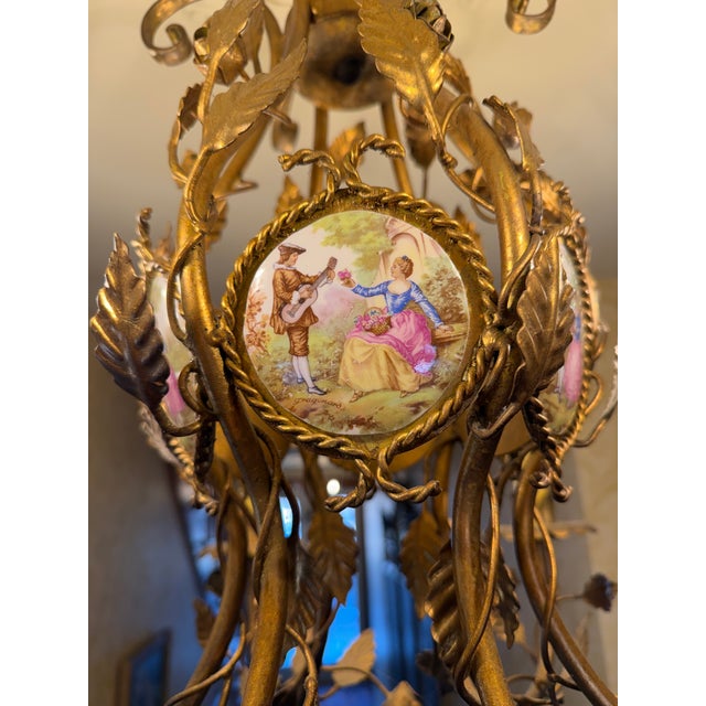 Metal Vintage Gilt Metal & Hand-Painted Porcelain Medallion Chandelier, Rococo Revival Style For Sale - Image 7 of 8