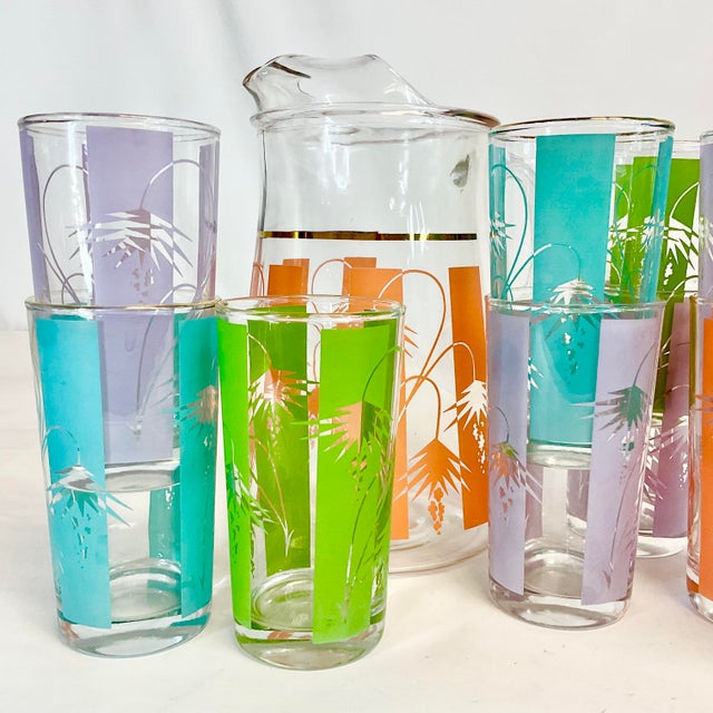 Glass Mid-Century Coastal Mediterranean Style Pitcher & Glassware - Set of 12 For Sale - Image 7 of 11