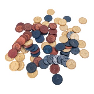 Mid-Century American Clay Embossed Horse and Jockey Poker Chips in Red White and Blue For Sale