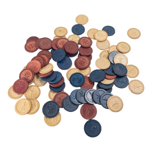 Mid-Century American Clay Embossed Horse and Jockey Poker Chips in Red White and Blue For Sale