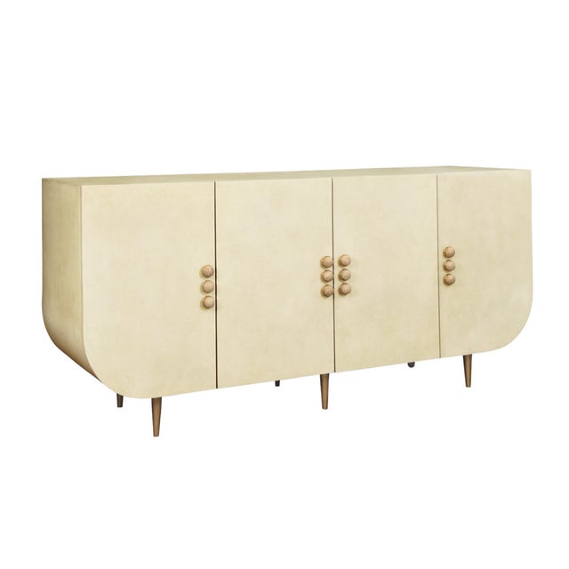 Contemporary Matthew Izzo Home Deluca Faux Parchment Four Door Buffet With Brass and Stone Hardware For Sale - Image 3 of 9