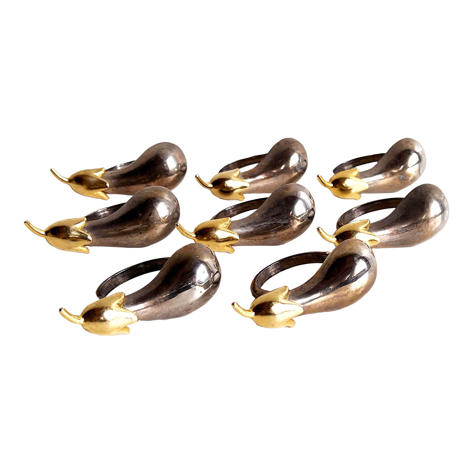 Vintage Eggplant Form Napkin Rings in Silver Plate & Gold Brass - Set of 8