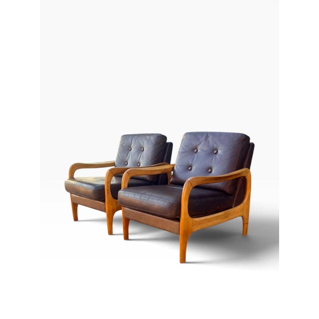 Mid-Century Modern Pair of Danish Modern Leather Lounge Chairs | Sculpted Maple Frames | Brown Leather With Tufted Backs | C. 1960s For Sale - Image 3 of 18