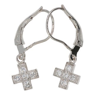 18k 750 Solid White Gold Natural Diamond Drop Hanging Cross Shape Earrings, A Pair For Sale