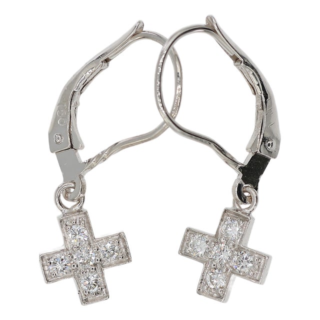 18k 750 Solid White Gold Natural Diamond Drop Hanging Cross Shape Earrings, A Pair For Sale