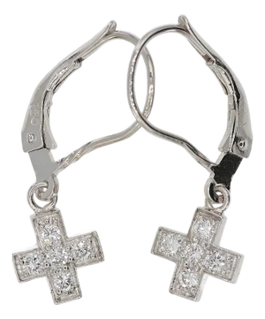 18k 750 Solid White Gold Natural Diamond Drop Hanging Cross Shape Earrings, A Pair